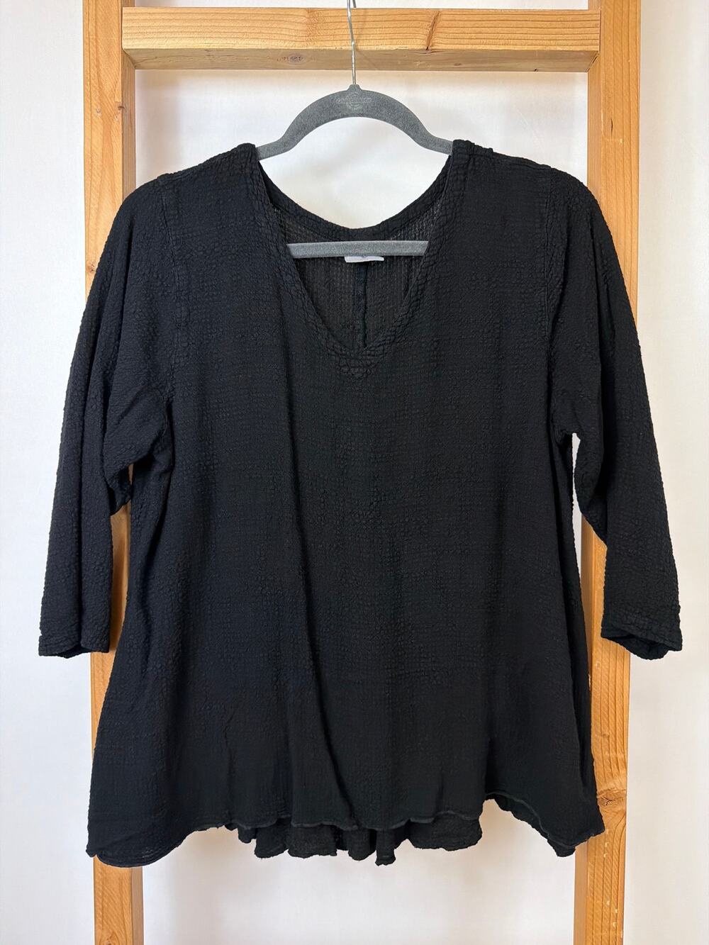 CMC Black V-Neck 3/4 Sleeve Linen Blend Basic Tunic Top Size L USA